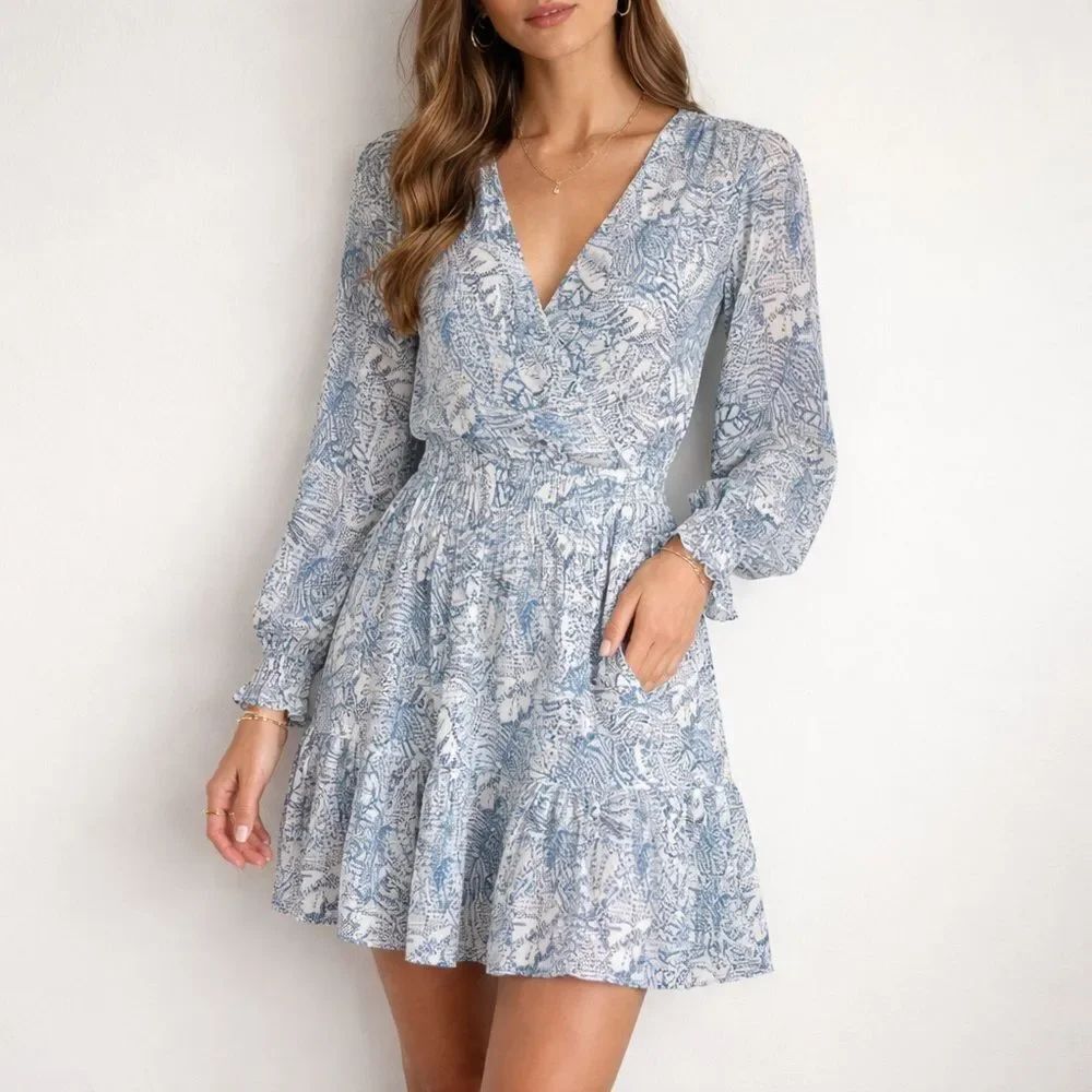 Parker Silk Mini Dress Blue & White Print | Long Sleeve | Size M